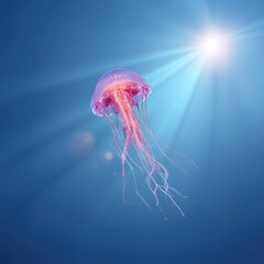 A luminous pink jellyfish with translucent tentacles gracefully drifts in vibrant blue ocean water, evoking a surreal underwater scene. Generative By AI
