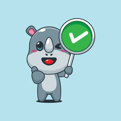 Cute rhino cartoon vector illustration with correct sign