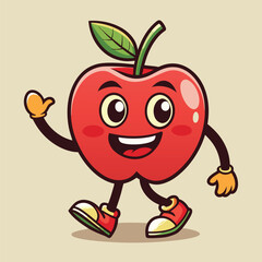 Groovy apple mascot. Funky retro character. cartoon apple, smiling, walking. Funny vintage trendy style character. Doodle Comic collection 