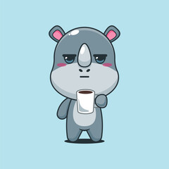 Cute rhino cartoon vector illustration is tired and sleepy holding coffee