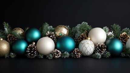 A festive arrangement of elegant Christmas ornaments in teal. gold. and white. surrounded by pine branches and pinecones. creating a warm holiday atmosphere