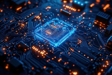 Obraz premium A close-up view of a glowing microchip on a circuit board illuminated by vibrant blue lights