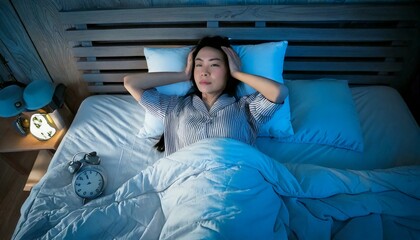 ベッドで眠れず苦しそうな表情の女性
