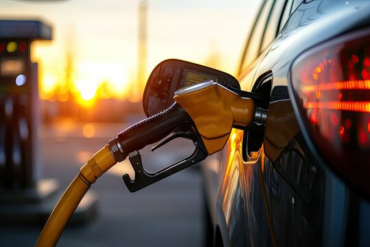 A close-up view of a fuel pump nozzle inserted into a car's gas tank. capturing the action of refueling at a brightly lit gas station during the evening - Powered by Adobe