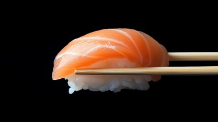 Holding Fresh Salmon Nigiri Sushi with Chopsticks on Black Background