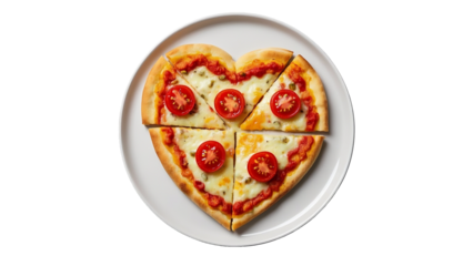 Heart-shaped pizza with tomato slices, melted cheese, crispy crust, romantic food concept, gourmet artisan dish, love-themed culinary presentation,  PNG file isolated on transparent background, 