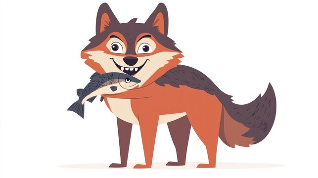 Friendly wolf holding a fish