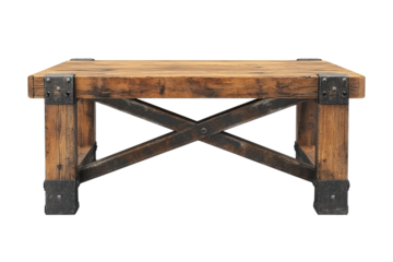 Rustic Farmhouse Coffee Table Reclaimed Wood and Metal X Base Design Perfect for Industrial or Modern Living Rooms offering a on transparent background