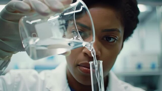 Young Female Scientist Analyzing Liquid in Laboratory Setting with Precision and Focus, Wearing Lab Coat and Protective Gloves