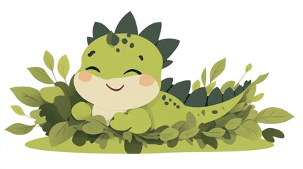 Obraz premium Cute green dragon nestled in foliage