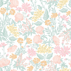 Roses, marigolds, hydrangeas, berries and leaves in a maximalist floral pattern in soft, muted pastel colors of red, pink, orange, yellow and green on an off white background. Seamless vector pattern.