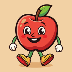 Groovy apple mascot. Funky retro character. cartoon apple, smiling, walking. Funny vintage trendy style character. Doodle Comic collection 