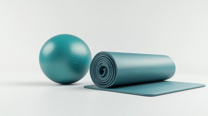 3d rendered pilates set featuring teal exercise ball and premium yoga mat, floating arrangement against white background, photorealistic textures showing material details, soft gradient shadows,