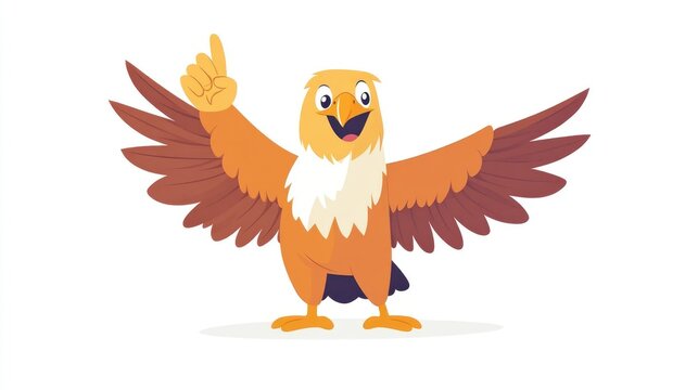 Cheerful cartoon eagle pointing upwards