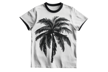 Stylish white t shirt featuring a bold black palm tree graphic design perfect for summer style A classic tropical print tee for a relaxed on transparent background