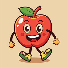 Groovy apple mascot. Funky retro character. cartoon apple, smiling, walking. Funny vintage trendy style character. Doodle Comic collection 