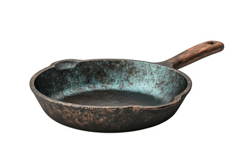 Rustic cast iron skillet teal patina wooden handle dark background antique kitchenware cooking equipment vintage cookware on transparent background