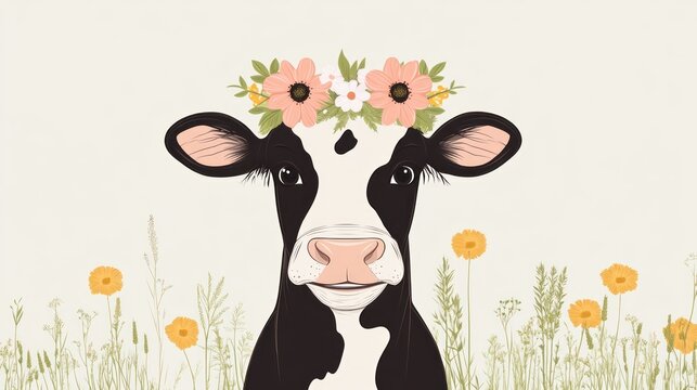 Cute cow with flower crown in a field