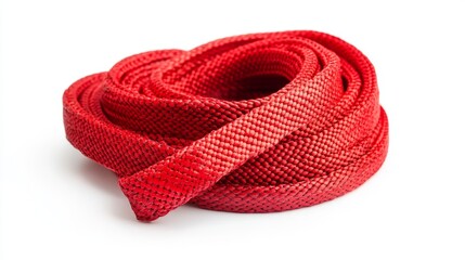 Industrial grade nylon lifting sling coiled neatly in spiral formation, vibrant safety red webbing material with subtle fabric texture visible, clean professional product shot on pure white