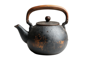 A rustic cast iron teapot aged to perfection exudes timeless elegance dark patina wooden handle isolated on on transparent background