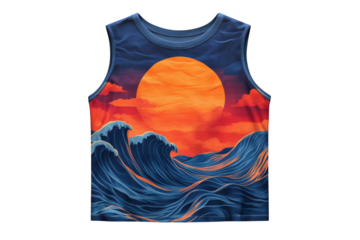 Stunning sunset ocean wave sleeveless shirt vibrant colors all over print design featuring a large sun and powerful waves against a dark on transparent background