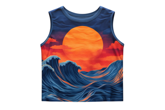Stunning sunset ocean wave sleeveless shirt vibrant colors all over print design featuring a large sun and powerful waves against a dark on transparent background