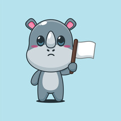 Cute rhino cartoon vector illustration with white flag
