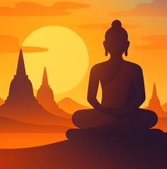 Vesak day poster illustration with buddha statue at sunset
