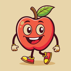 Groovy apple mascot. Funky retro character. cartoon apple, smiling, walking. Funny vintage trendy style character. Doodle Comic collection 