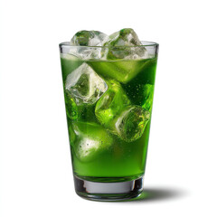 Glass of green carbonated soda with ice cubes and sparkling bubbles refreshing fizzy drink isolated on transparent background. isolated white background