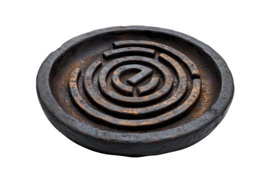 Intricate Bronze Maze Carved into Dark Stone Circular Dish a Unique Decorative Piece Detailed Craftsmanship on Black on transparent background