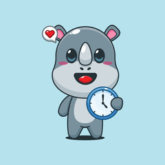 Cute rhino cartoon vector illustration with clock