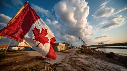 Canadian flag waving over a town