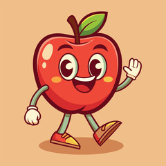 Groovy apple mascot. Funky retro character. cartoon apple, smiling, walking. Funny vintage trendy style character. Doodle Comic collection 