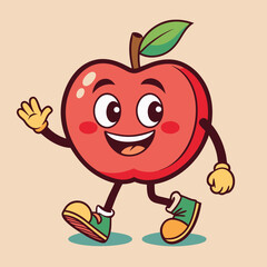 Groovy apple mascot. Funky retro character. cartoon apple, smiling, walking. Funny vintage trendy style character. Doodle Comic collection 