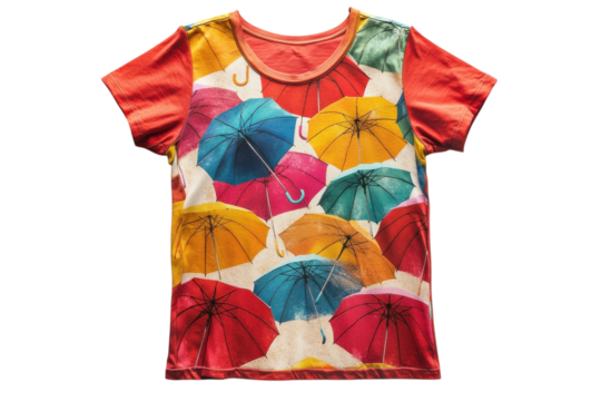 Vibrant colorful umbrella print t shirt a cheerful summer style statement showcasing a playful design with a bright red short sleeve tee on transparent background
