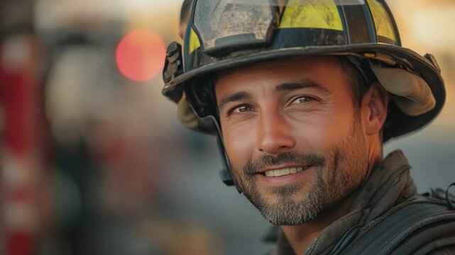 Firefighter's unwavering spirit: A portrait of a smiling firefighter, embodying courage, dedication, and the heart of a hero in the line of duty.