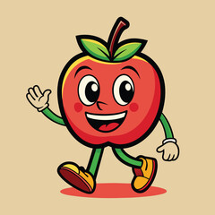 Groovy apple mascot. Funky retro character. cartoon apple, smiling, walking. Funny vintage trendy style character. Doodle Comic collection 