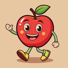 Groovy apple mascot. Funky retro character. cartoon apple, smiling, walking. Funny vintage trendy style character. Doodle Comic collection 