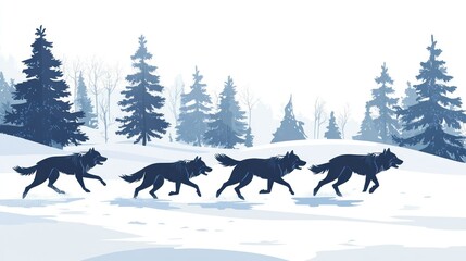 Four wolves running through snowy forest landscape