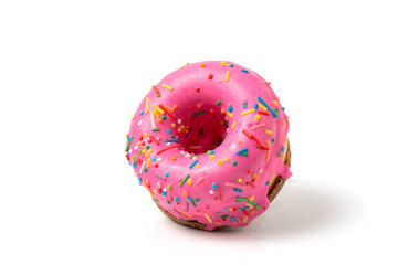 Pink donut isolated on white background. Sweet glazed donut.