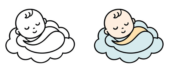 Peaceful Baby Sleeping on Cloud Illustration, Sleeping Baby on Cloud Minimalistic Illustration, Cute and Calm Nursery Design
