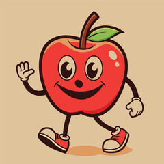 Groovy apple mascot. Funky retro character. cartoon apple, smiling, walking. Funny vintage trendy style character. Doodle Comic collection 
