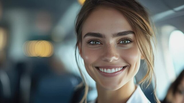 Smiling Air Hostess : A portrait of a beaming air hostess with a genuine smile, reflecting warmth and approachability. Her eyes twinkle with a friendly and inviting charm.