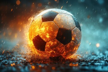 Fototapeta premium A fiery soccer ball splashes in water, showcasing vibrant colors and dynamic movement at dusk