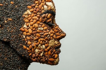 Human silhouette close up made from nut and seeds against background minimalism