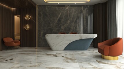 Modern reception area with marble and wood accents