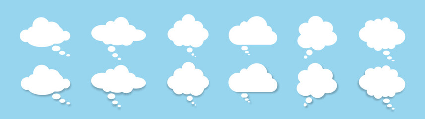 A set of speech bubbles on a blue background. A chat window for commenting on messages. White clouds. Vector illustration.