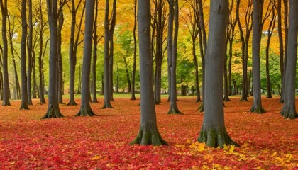 Naklejka premium Vibrant Autumn Forest with Colorful Leaves on Ground Surrounded by Tall Trees in a Scenic Woodland Landscape