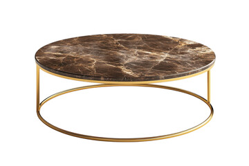 Elegant round coffee table with a dark marble top and a sleek gold metal frame perfect for modern living rooms adding a touch of luxury and on transparent background